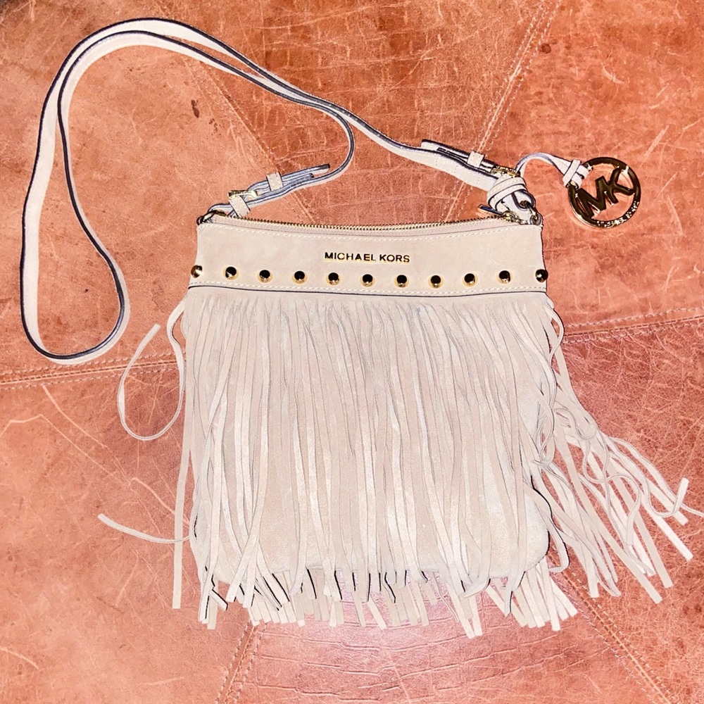 Michael Kors Fringe Studded Tan Cross Body Bag